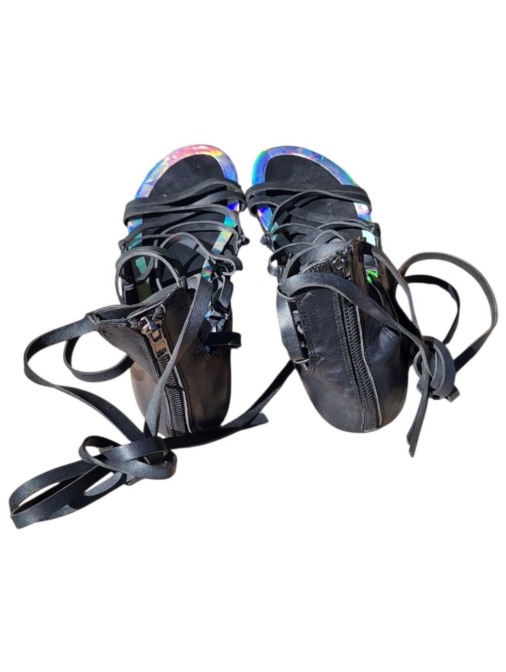 Black Lace-Up Gladiator Sandals w/ Ankle Wraps & Iridescent Silver Accents-Sz 11 - Picture 4 of 6